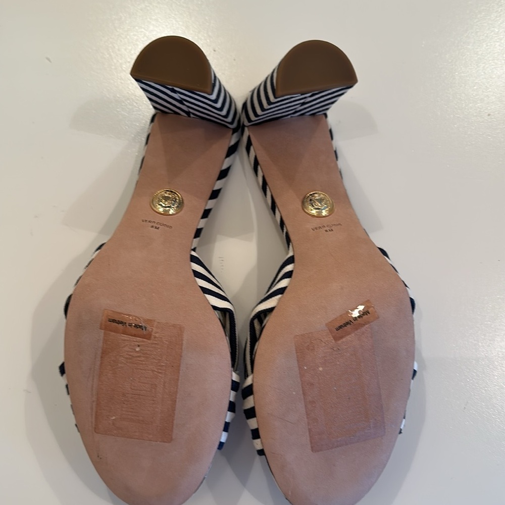 New Veronica Beard Navy and White Striped Fabric Heels with Bow Detail. … - Picture 8 of 11